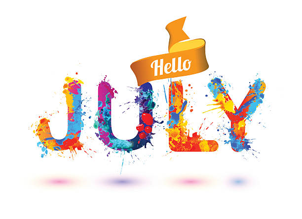 Hello july. Splash paint letters Hello july. Splash watercolor paint letters. Vector july stock illustrations