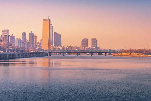 Sunset at Seoul City and Hanriver in Seoul, South korea.