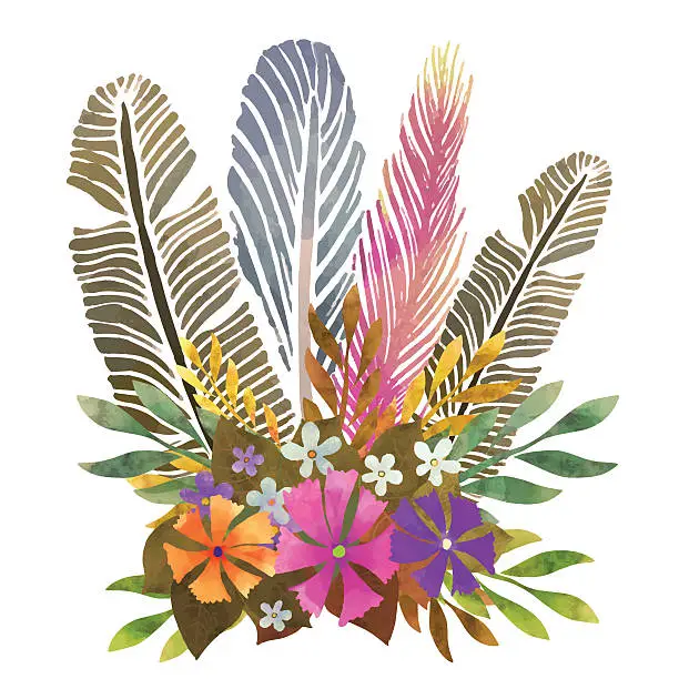 Vector illustration of Watercolor boho posy, feathers, flowers, leafs