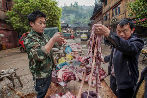 Asian buys pig innards from street vendor in Chinese countryside Zhaoxing Dong Village, Guizhou Province, China - April 8, 2010: Asiatic buying pig entrails from a street vendor in the Chinese countryside. pig farmer china stock pictures, royalty-free photos & images