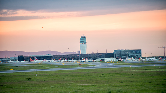 Schwechat, Austria - May 18, 2016: Schwechat airport with terminal and control tower