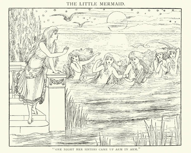 The Little Mermaid her sisters came up arm in arm Vintage engraving of a scene from the story The Little Mermaid a fairy tale by the Danish author Hans Christian Andersen about a young mermaid willing to give up her life in the sea and her identity as a mermaid to gain a human soul. hans christian andersen stock illustrations