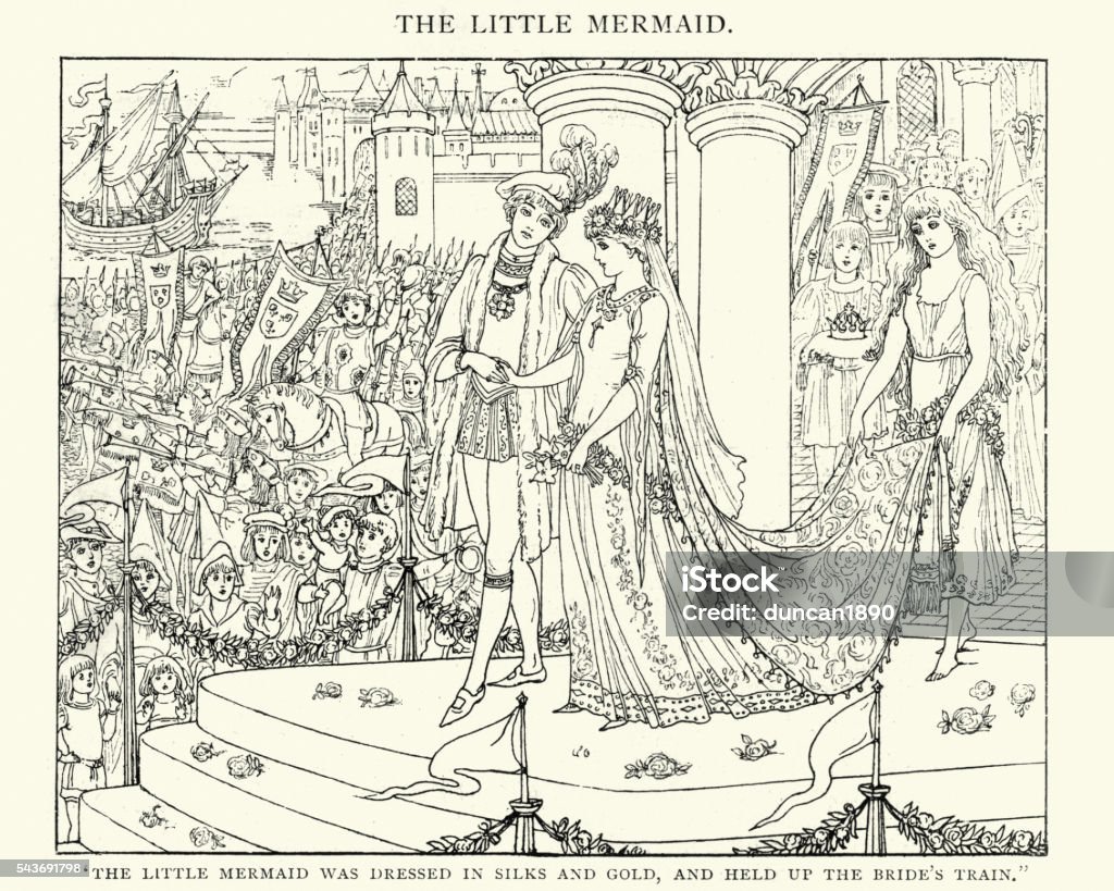 The Little Mermaid was dressed in silks and gold Vintage engraving of a scene from the story The Little Mermaid a fairy tale by the Danish author Hans Christian Andersen about a young mermaid willing to give up her life in the sea and her identity as a mermaid to gain a human soul. Little Mermaid Statue stock illustration