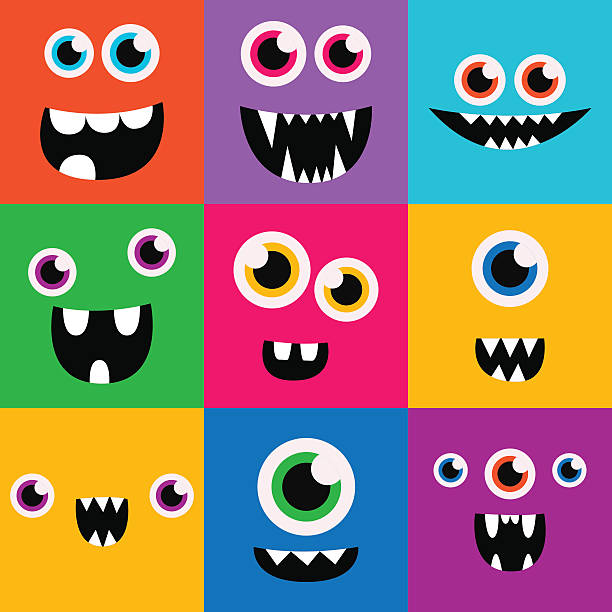 cartoon monster faces vector set. cute square avatars and icons - hayvan gözü stock illustrations