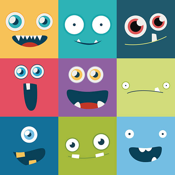 comic-monster gesichter vectorsatz. niedlich square-avatare und symbole - crazy eyes stock-grafiken, -clipart, -cartoons und -symbole