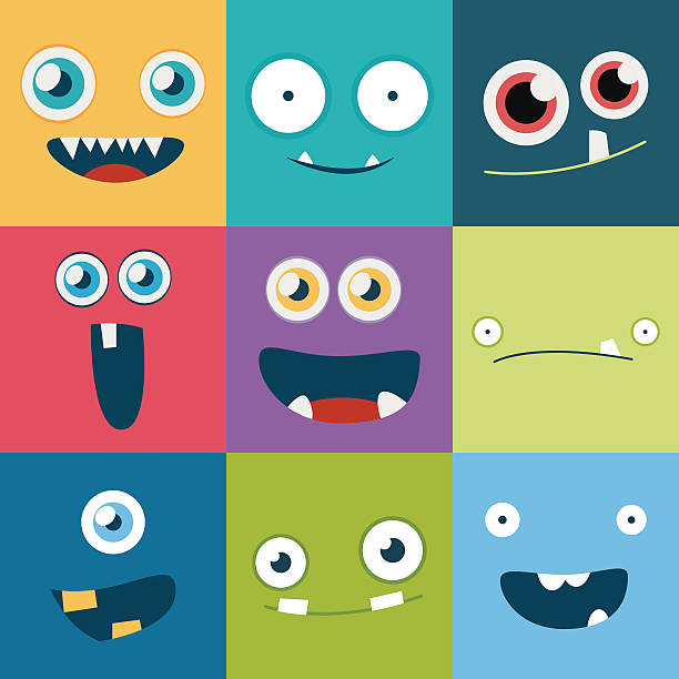 ilustraciones, imágenes clip art, dibujos animados e iconos de stock de monstruo de historieta rostros de eficacia. vectorial lindo square avatars y los iconos - cara antropomórfica ilustraciones