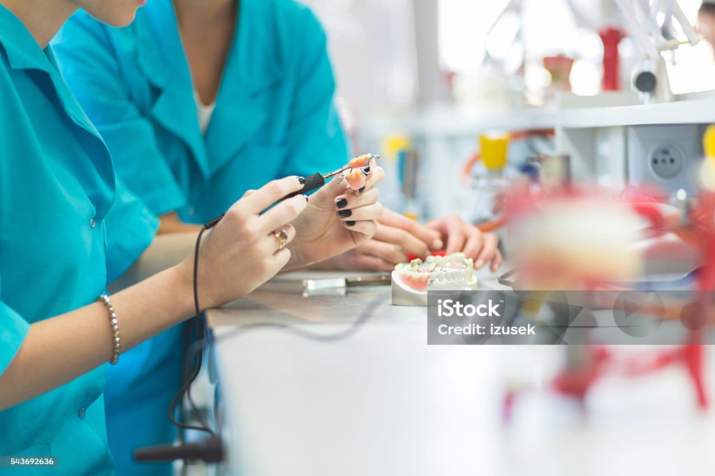 Female students learning prosthetic dentistry Women in a prosthodontic lab, learning prosthetic dentistry, close up of hands, unrecognizable person. Dental Health Stock Photo