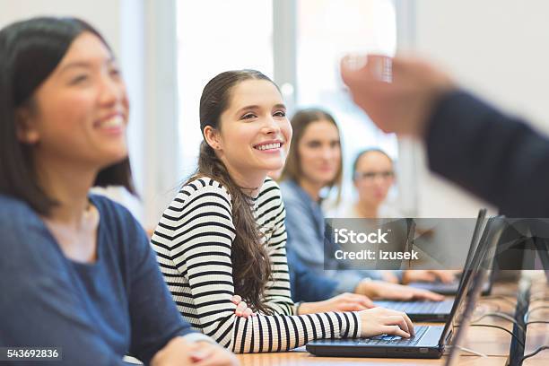 Female Students Coding Stock Photo - Download Image Now - Classroom, Teenager, Learning