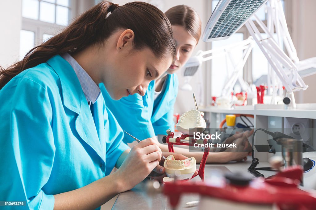 Female students learning prosthetic dentistry Young women wearing uniforms in a prosthodontic lab, learning prosthetic dentistry. Technician Stock Photo