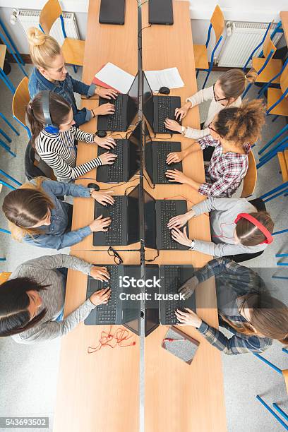 High Angle View Of Female Students Coding Stock Photo - Download Image Now - Computer Lab, Coding, Education