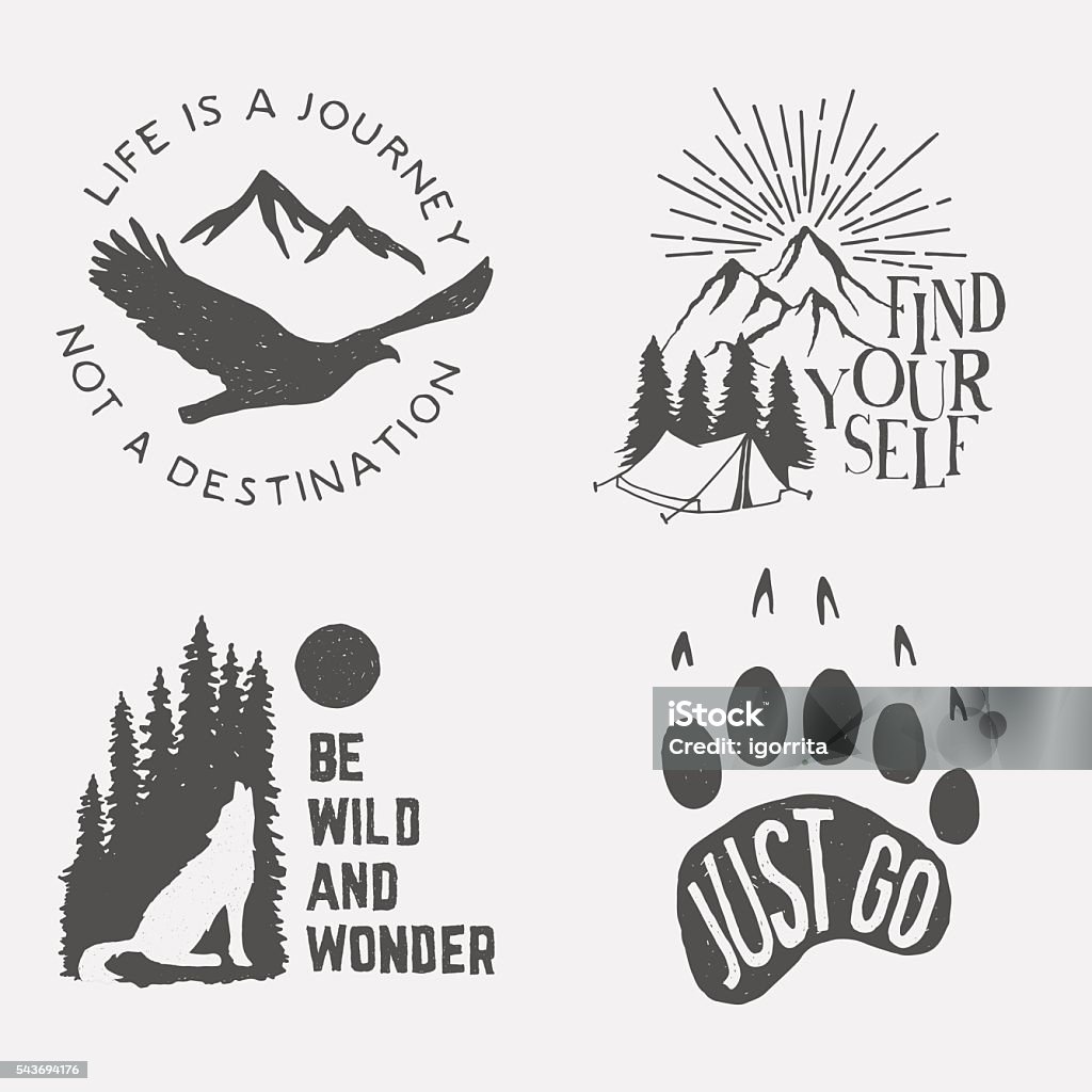 set of wilderness hand drawn typography posters and emblems set of wilderness hand drawn typography posters, emblems and quotes. artworks for hipster wear. vector Inspirational illustration Footpath stock vector