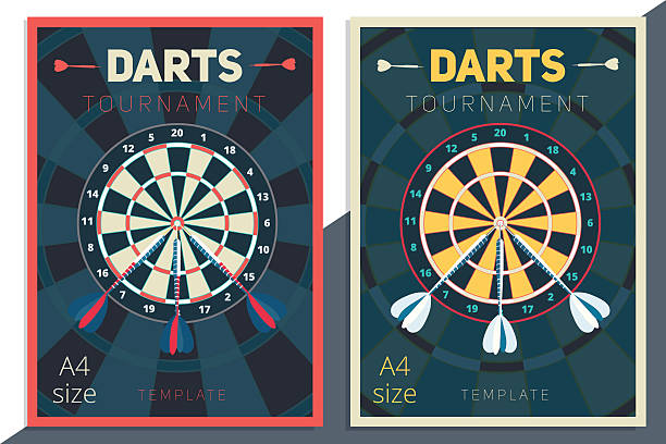 ilustraciones, imágenes clip art, dibujos animados e iconos de stock de torneo de dardos vector de plantilla de diseño de cartel. plano estilo retro - dartboard