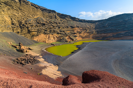 View of Lago Verde volcanic lake, El Golfo, Lanzarote, Canary Islands, Spain