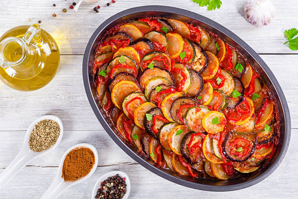 istock Layered ratatouille in a baking dish, top view 543804220