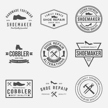 vector set of shoemaker and shoe repair labels, badges and design elements