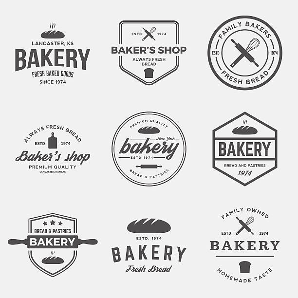 illustrazioni stock, clip art, cartoni animati e icone di tendenza di vettoriale gruppo di panetteria etichette, distintivi ed elementi di design - baking baker bakery bread