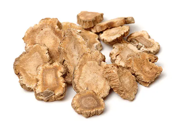 The root of angelica dahurica used in traditional Chinese medicine, on a white background