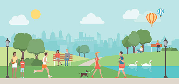 Urban park People relaxing in nature in a beautiful urban park, city skyline on the background panorama park stock illustrations