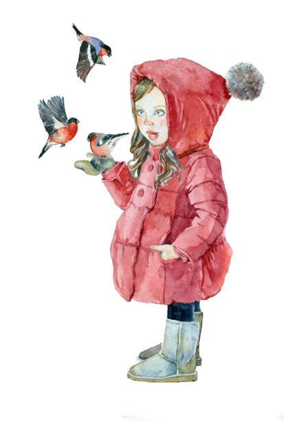 워터컬러 어린 소녀 bullfinches입니다 있는 - winter child coat baby girls stock illustrations