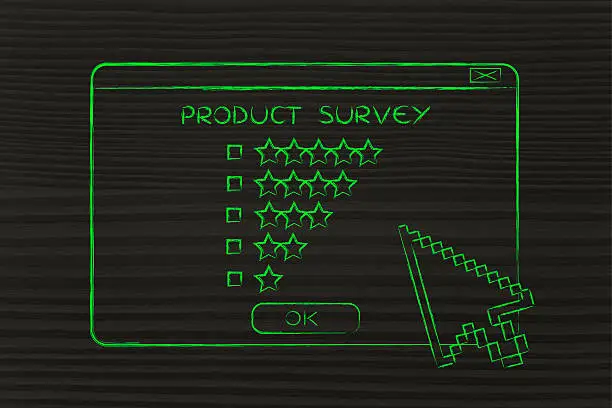 Photo of product survey pop-up with ratings and cursor about to click