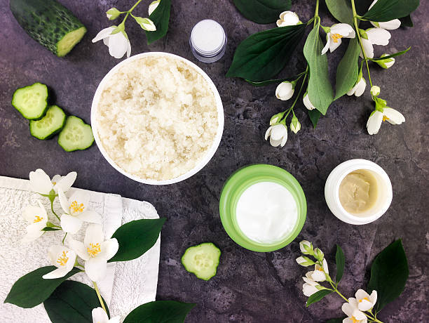 istock Set of spa treatment products on stone background. Flat lay 543814876