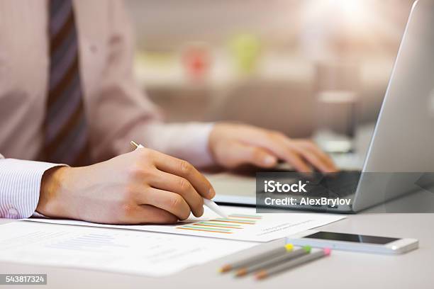 Business Person Reading Data On Paper Charts And Computer Stock Photo - Download Image Now