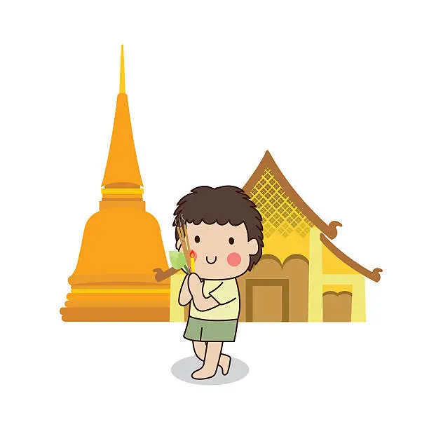 Vector illustration of Buddhist boy walking with lighted candle in hand around temple.