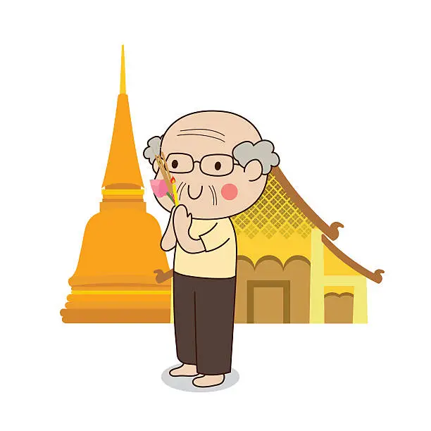 Vector illustration of Buddhist elderly man walking with lighted candle around temple.