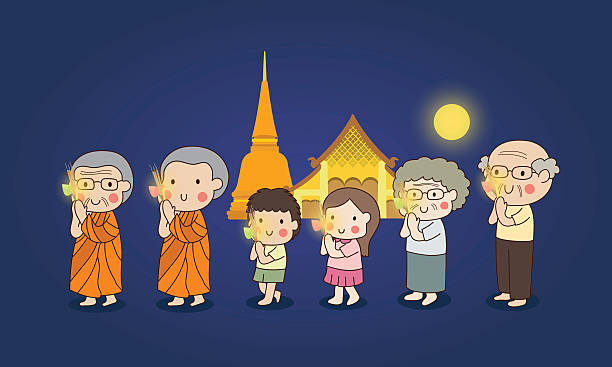 illustrazioni stock, clip art, cartoni animati e icone di tendenza di passeggiata buddista con candela accesa in mano intorno al tempio. - novice buddhist monk