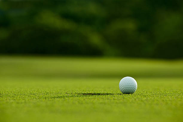 istock selective focus. white golf ball near hole on green grass 543819602