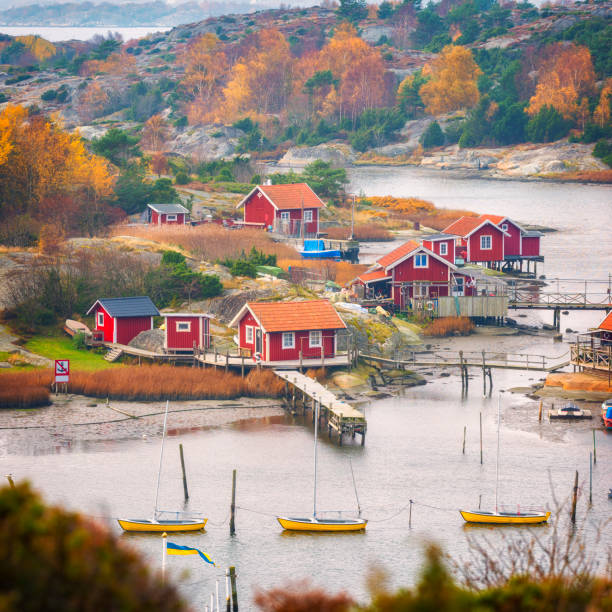 Swedish red cottages on a small island