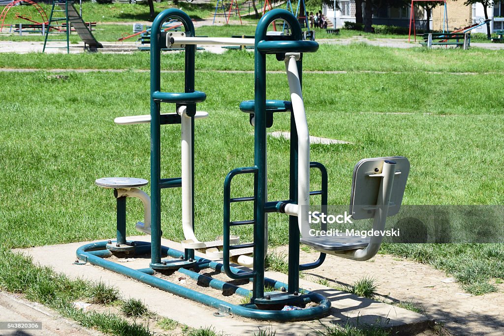 fitness equipment in the park fitness equipment for back and stomach exercise  Back Stock Photo