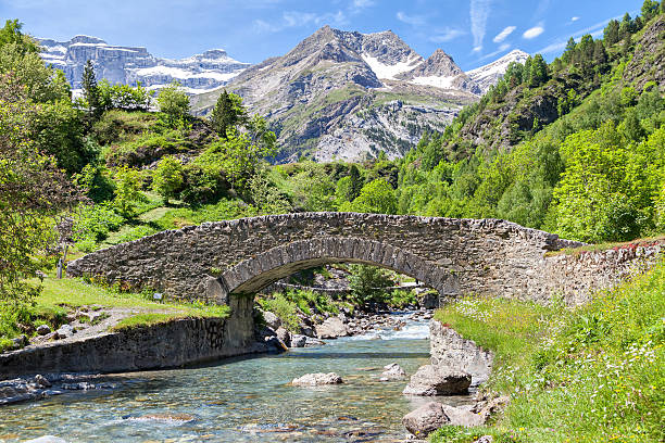 Nadau bridge over Gave de Gavarnie river Nadau bridge over Gave de Gavarnie river in Gavarnie, Hautes-Pyrenees, France gavarnie stock pictures, royalty-free photos & images
