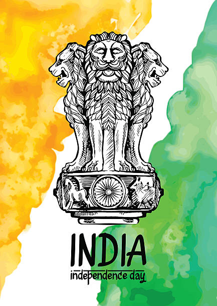 Lion capital of Ashoka in Indian flag color on watercolor. Lion capital of Ashoka in Indian flag color. Emblem of India. Watercolor texture backdrop. sarnath stock illustrations