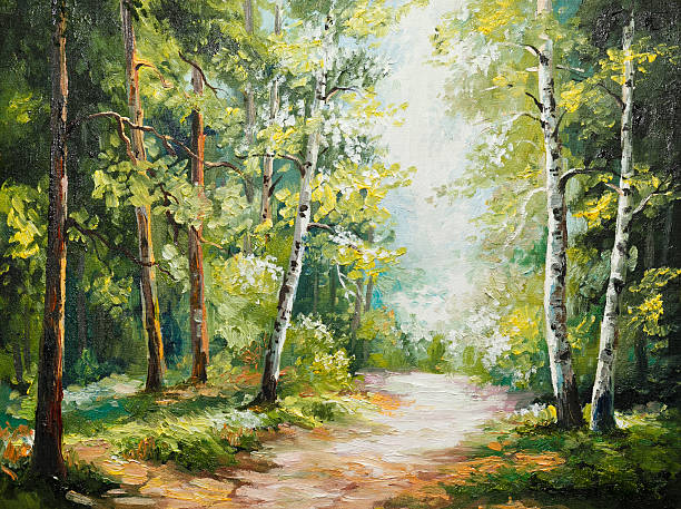 масляная живопись на холсте - летний лес - oil painting paintings landscape painted image стоковые фото и изображения