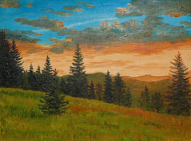malarstwo olejne na płótnie - zachód słońca w górach - painting artist landscape painted image zdjęcia i obrazy z banku zdjęć