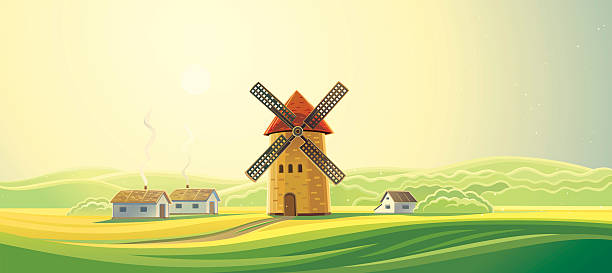 Rural landscape with windmills. Rural summer landscape with windmills and bakeries. fog transparent stock illustrations