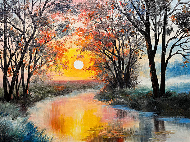 pittura ad olio su tela - il fiume - paintings landscape autumn painted image foto e immagini stock