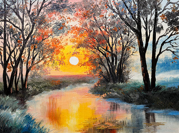 キャンバスに油絵 - 川 - painting artist landscape painted image ストックフォトと画像