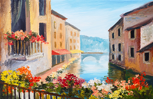 oil painting, canal in Venice, Italy, famous tourist place, colorful impressionism