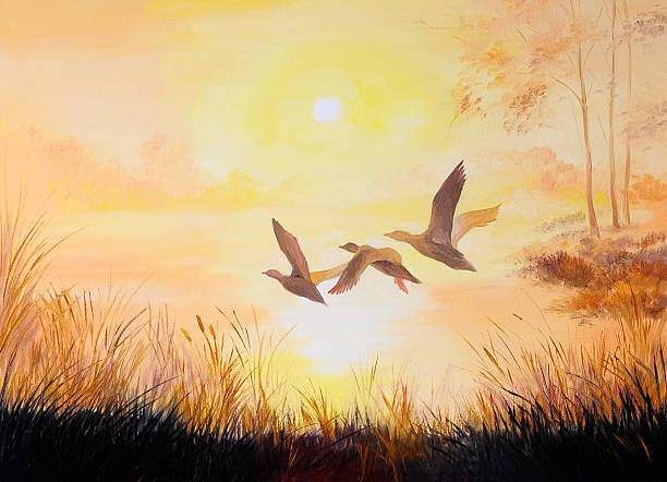 oil painting-Cranes at sunset, art work