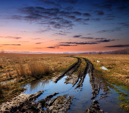 dirt road in spring steppe after rain against sunset