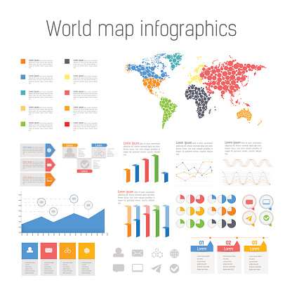 Set of colored infographics elements. Detail infographic vector illustration. World Map and Information Graphics.