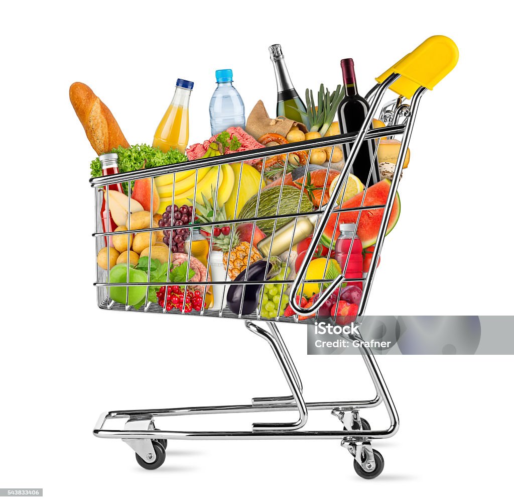 isolated shopping cart filled with food yellow shopping cart filled with various food and beverages isolated on white background Shopping Cart Stock Photo