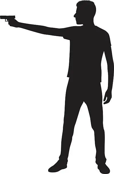 Vector illustration of Young Man Pointing Gun Silhouette