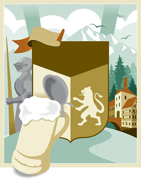 Vector illustration of Bavarian Crest, Landscape, Beer and Armor Germany Illustration