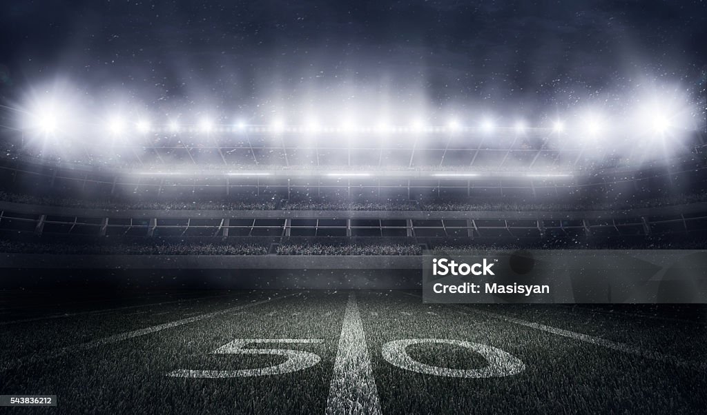 American football stadium in lights and flashes Illustartion of stadium with lights and tribunes American Football Field Stock Photo