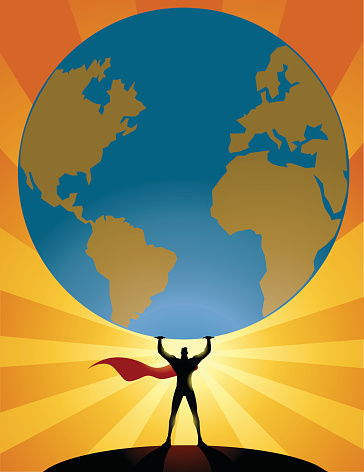 A silhouette style illustration of a superhero man lifts a heavy world globe.