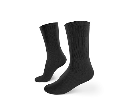 Maqueta de diseño de calcetines negros en blanco, aislados, trazado de recorte. photo