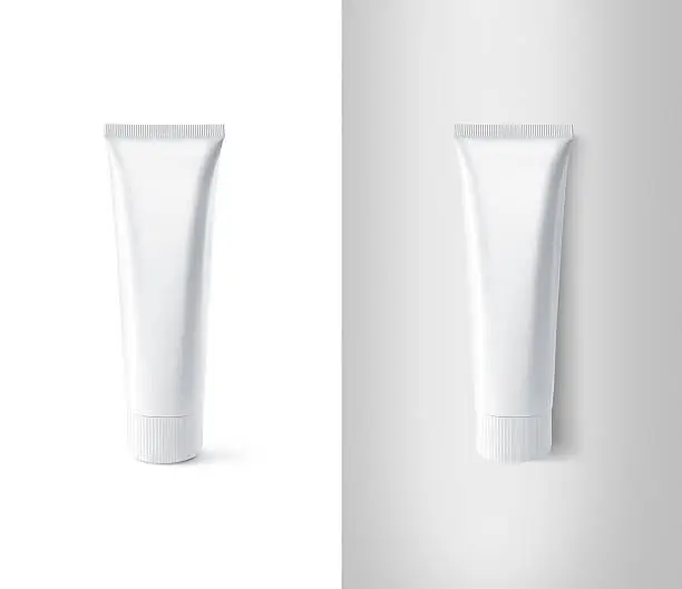 Blank white toothpaste tube design mockup set, isolated, clipping path. Clear paste packaging stand and lies mock up. Tooth powder empty package bottle template container. Dentifrice gel tube flacon.
